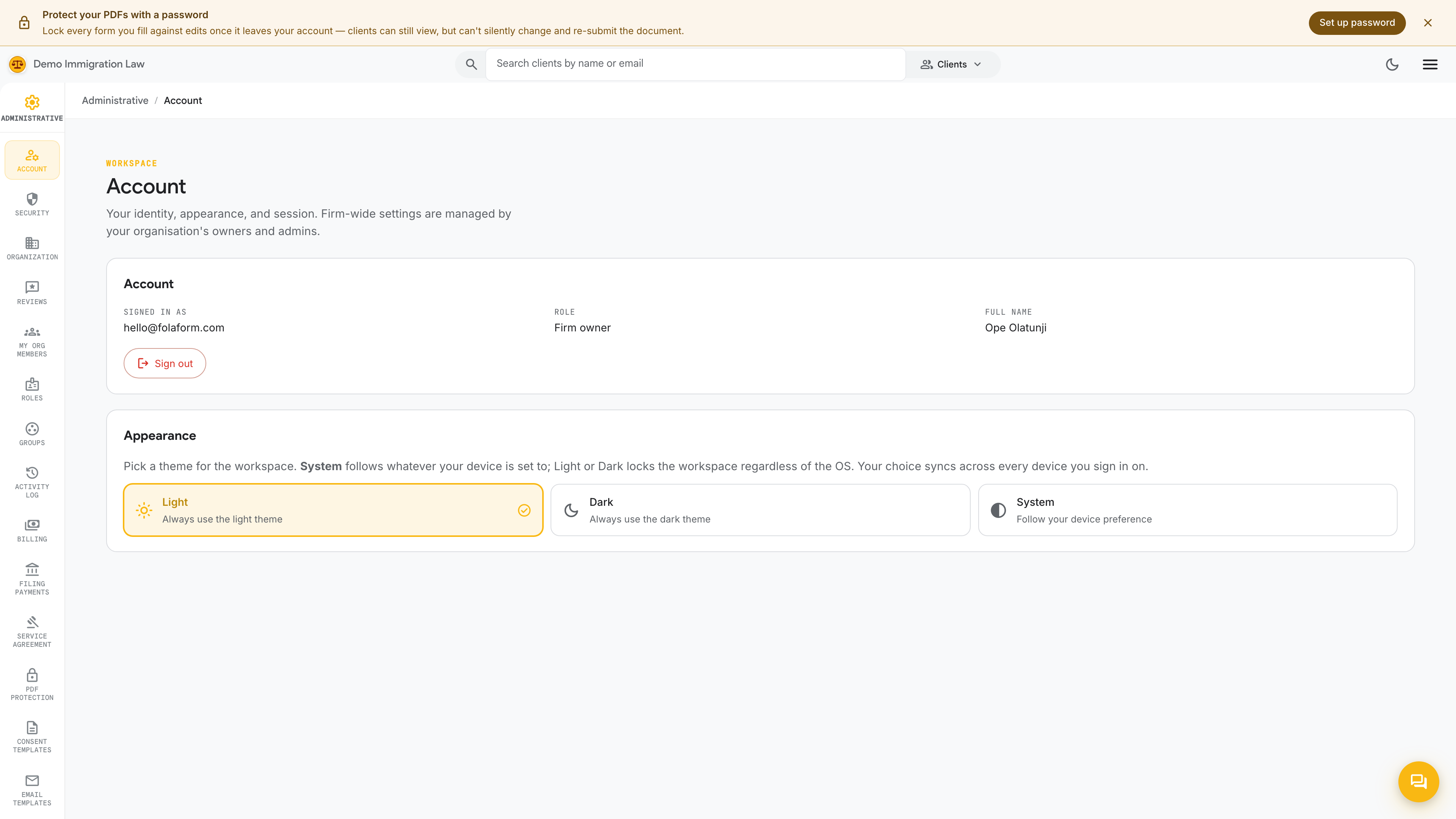 Settings — Account
