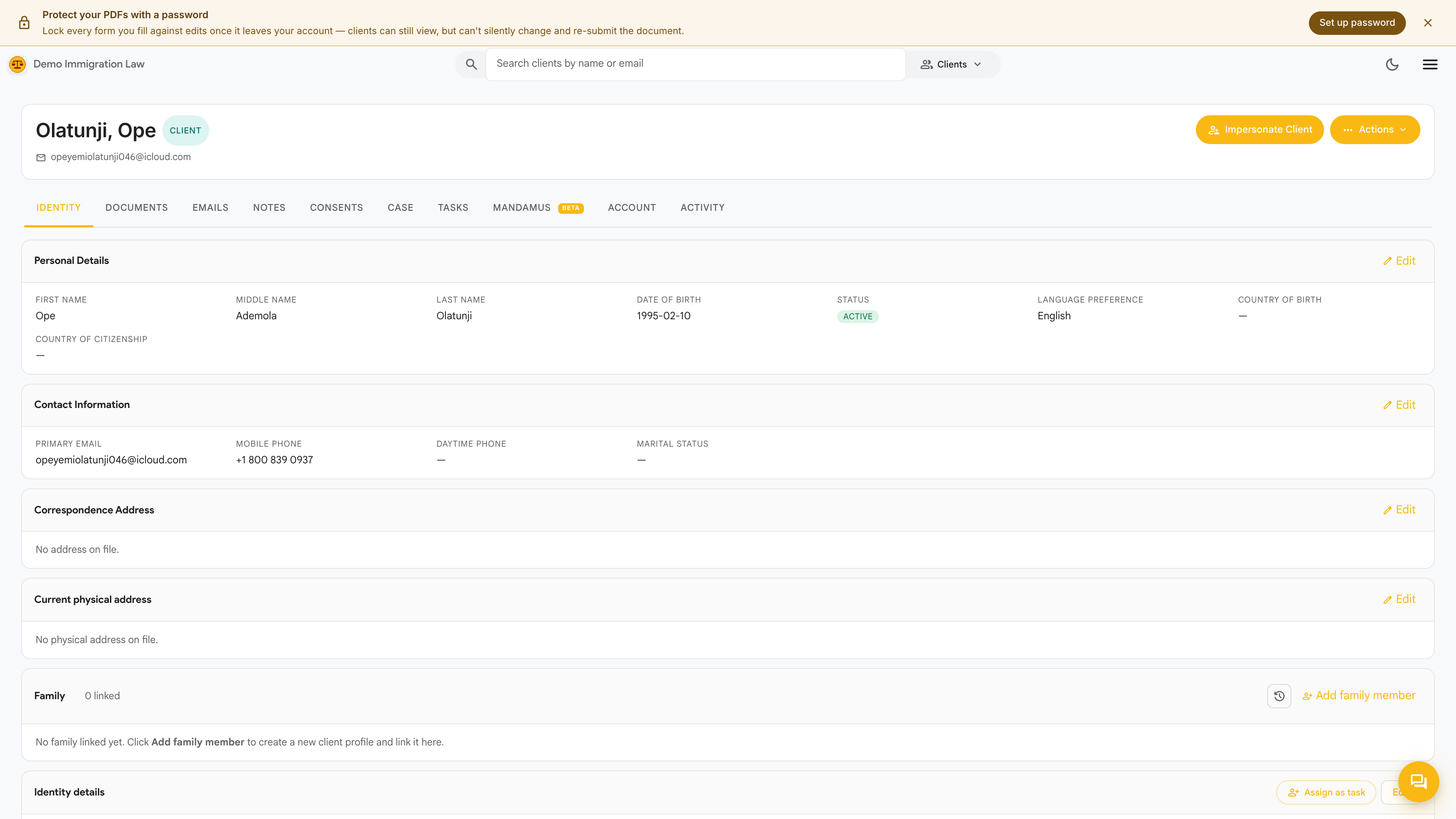 Identity tab