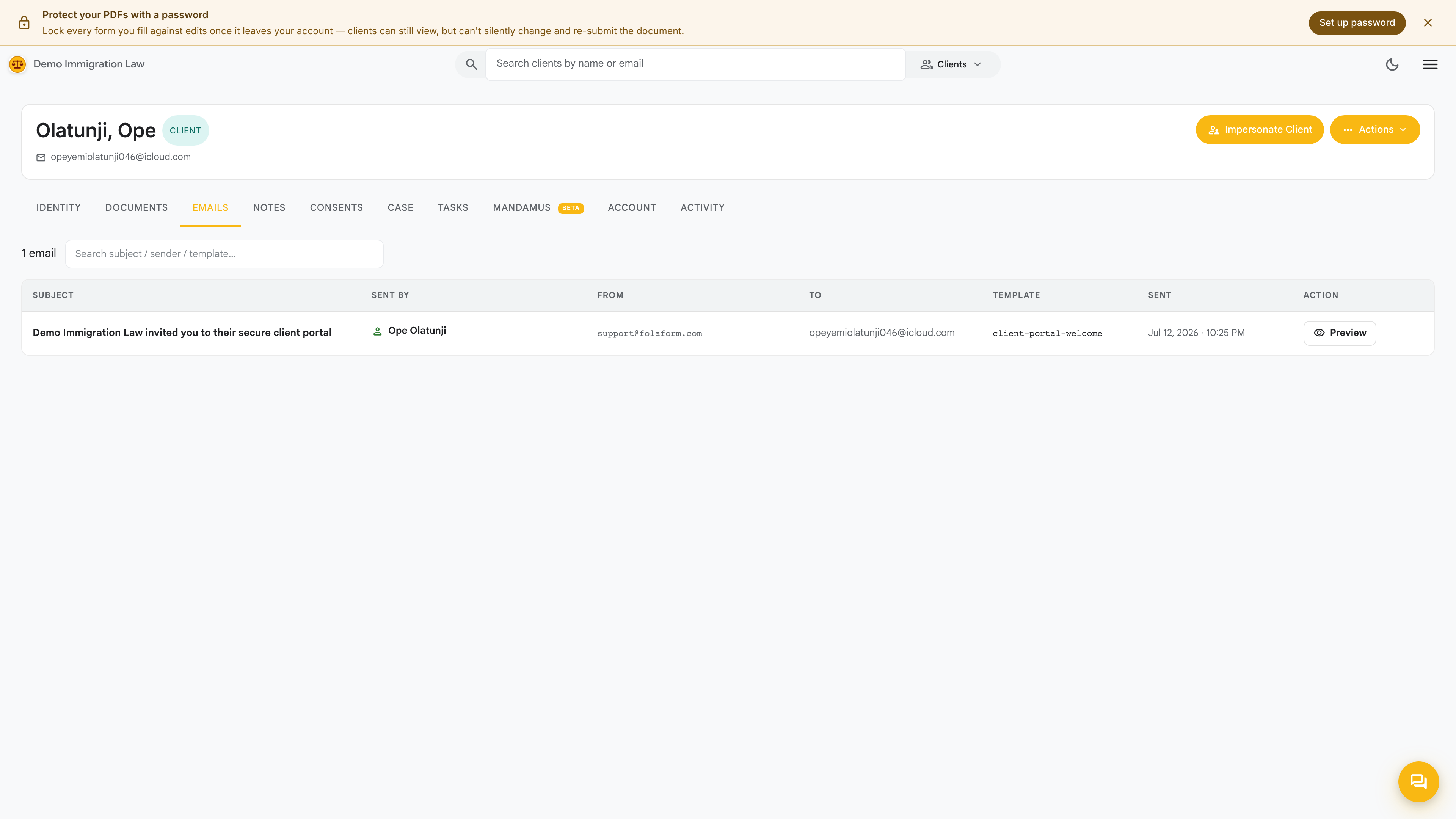 Emails tab
